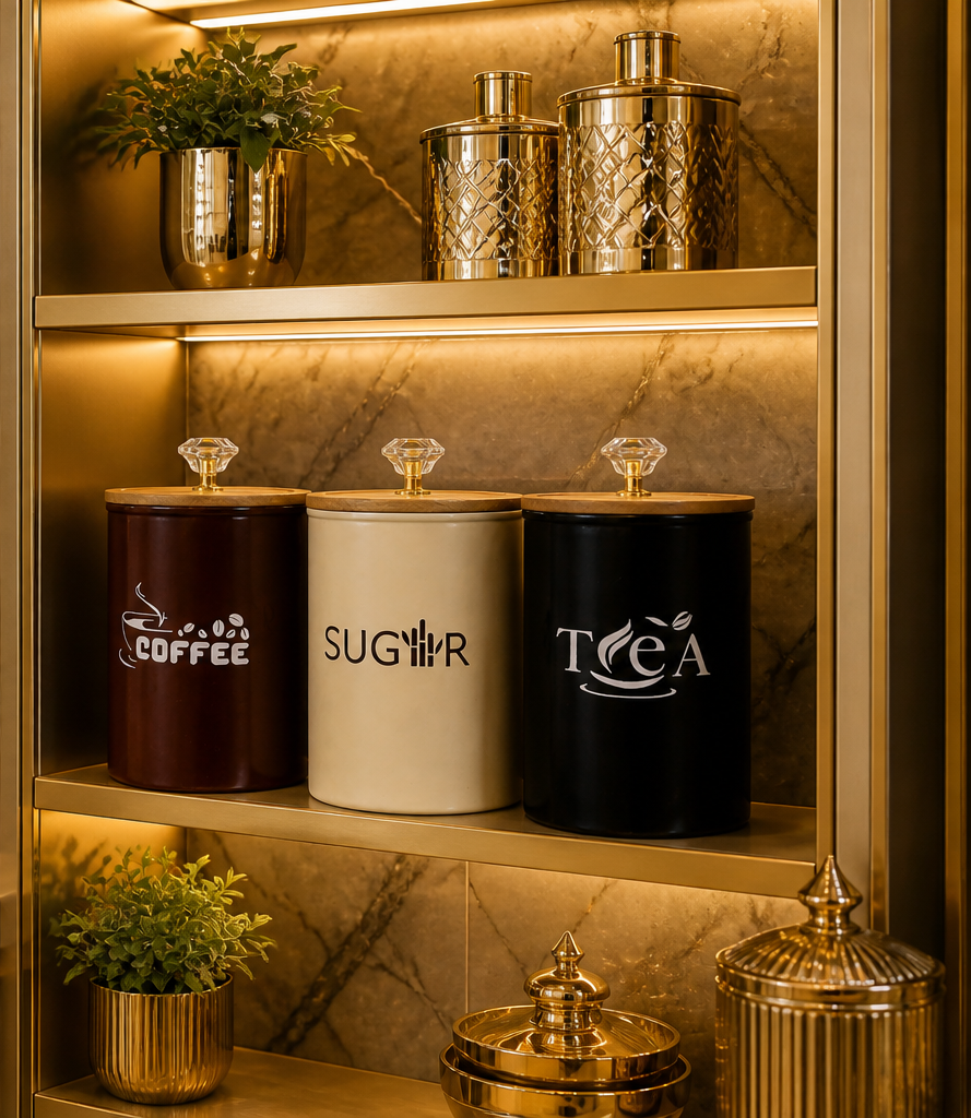 Premium Metal Storage Jars Set for Kitchen – Coffee, Sugar, Tea Canisters with Airtight Wooden Lid
