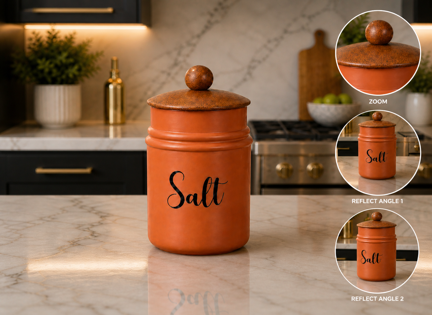 Metal Kitchen Storage Container with Wooden Lid | Brown Salt Jar Canister | Airtight Spice Storage Box | Decorative Countertop Organizer | Modern Kitchen Decor