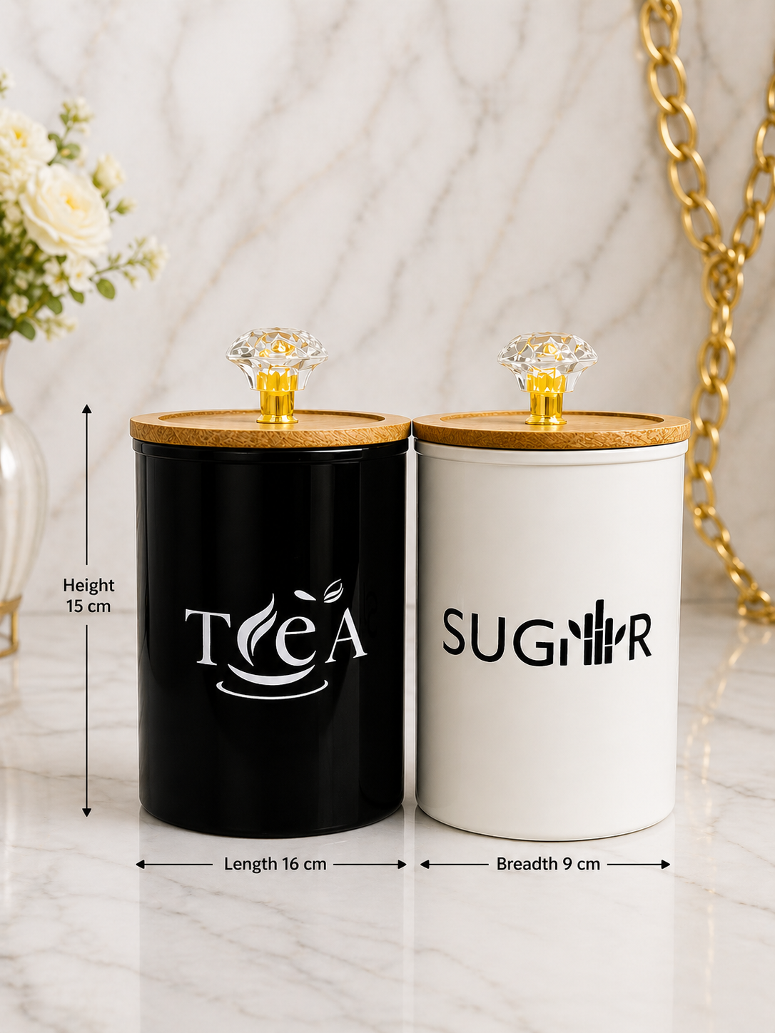 Elegant Countertop Storage Jars (Set of 2) – Tea & Sugar Canisters with Wooden Lid & Designer Knob