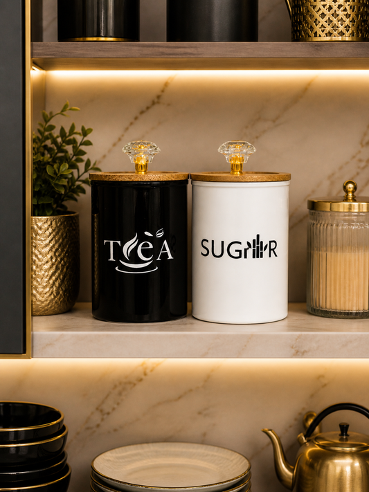 Elegant Countertop Storage Jars (Set of 2) – Tea & Sugar Canisters with Wooden Lid & Designer Knob