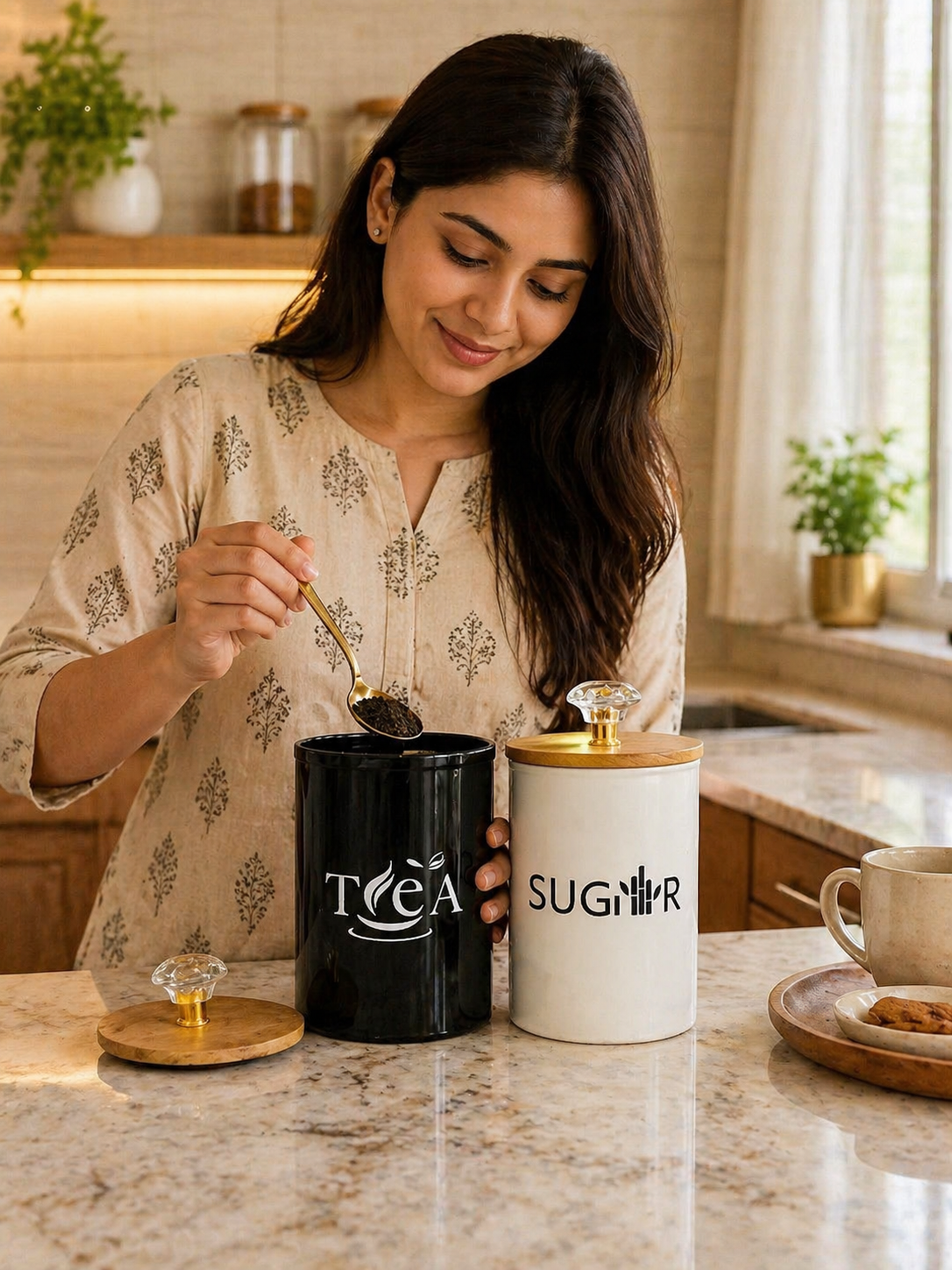 Elegant Countertop Storage Jars (Set of 2) – Tea & Sugar Canisters with Wooden Lid & Designer Knob