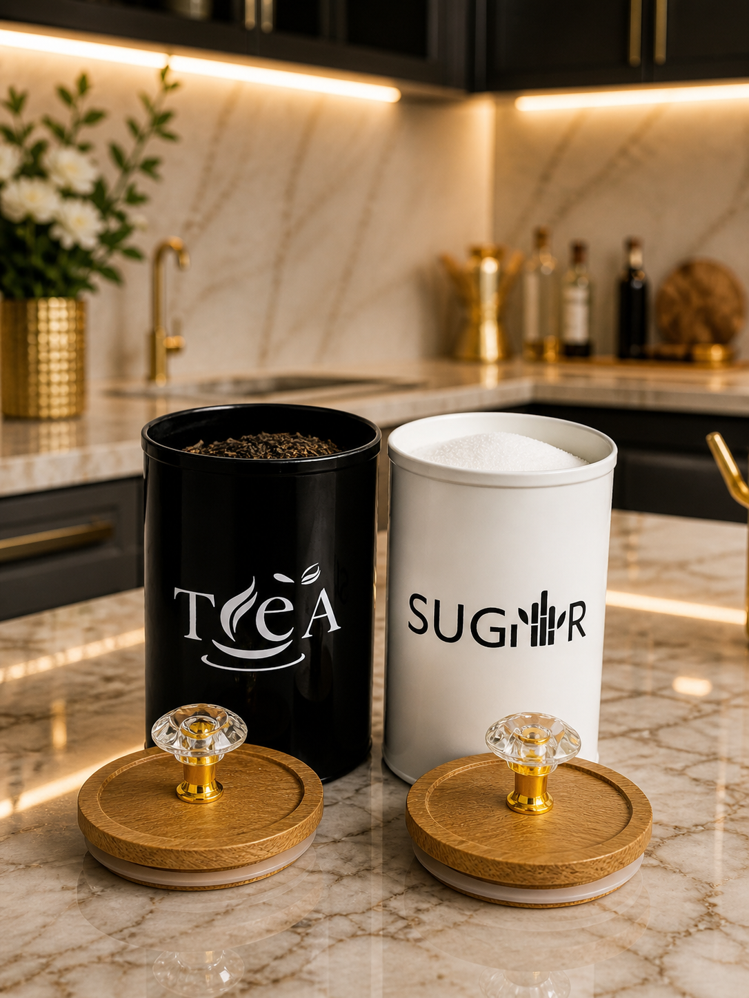 Elegant Countertop Storage Jars (Set of 2) – Tea & Sugar Canisters with Wooden Lid & Designer Knob