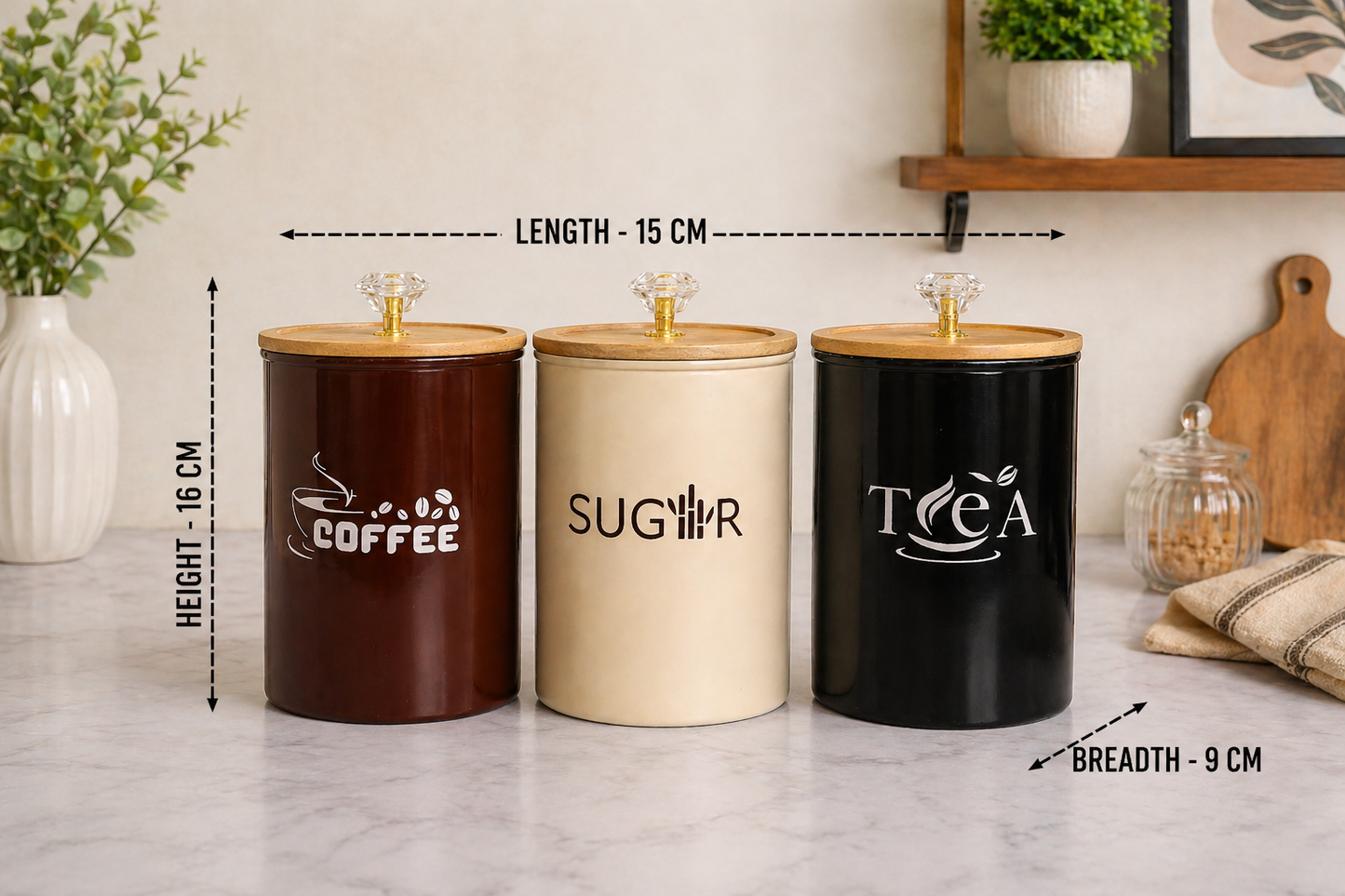 Premium Metal Storage Jars Set for Kitchen – Coffee, Sugar, Tea Canisters with Airtight Wooden Lid