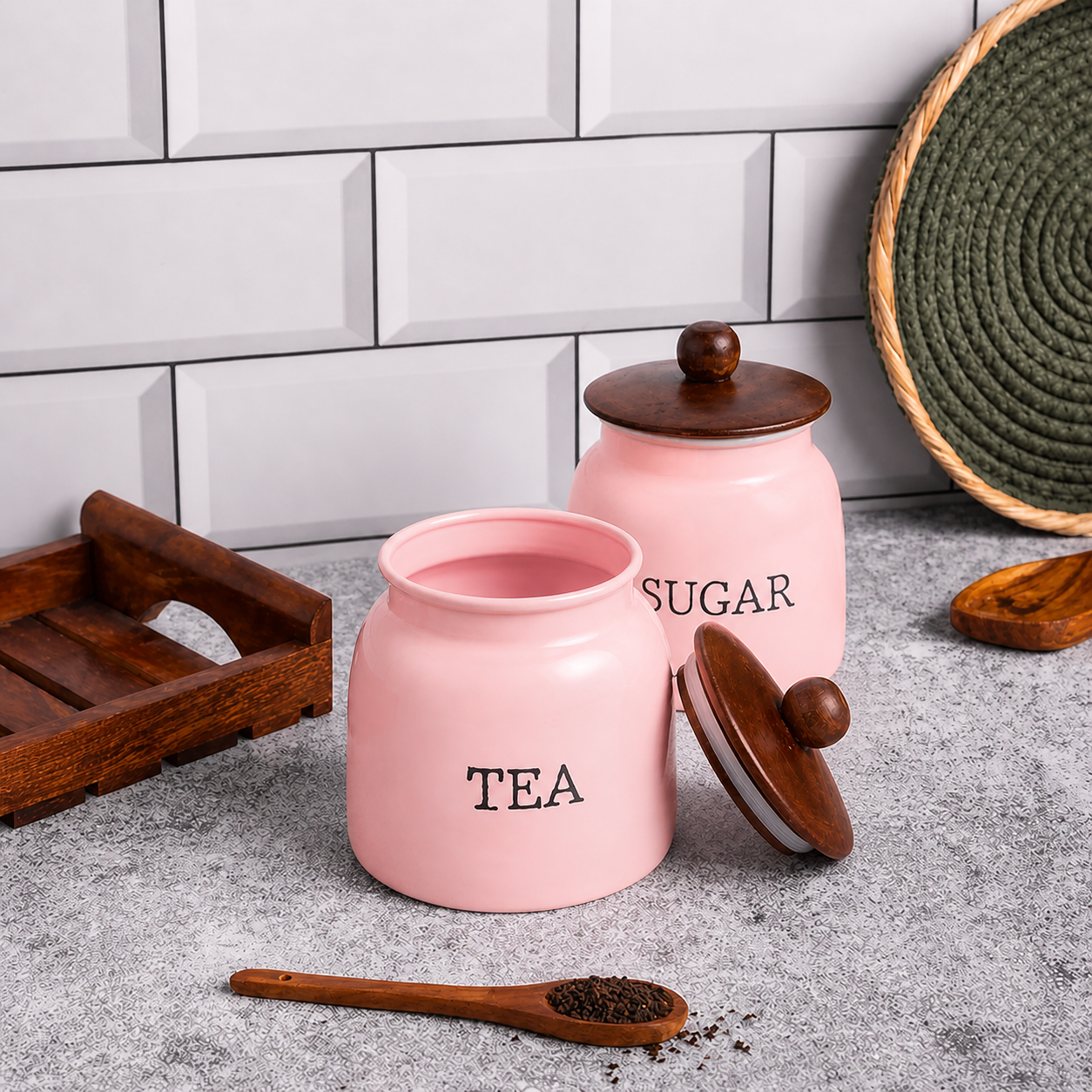 Pink Metal Tea & Sugar Storage Jars Set | Kitchen Canisters with Lid | Stylish Countertop Organizer for Modern Homes