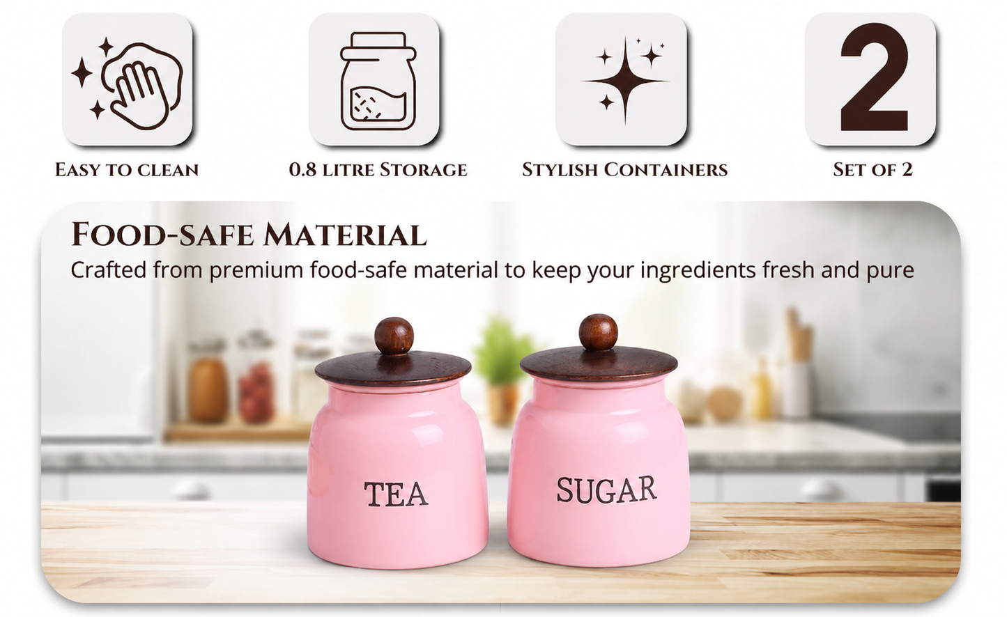 Pink Metal Tea & Sugar Storage Jars Set | Kitchen Canisters with Lid | Stylish Countertop Organizer for Modern Homes