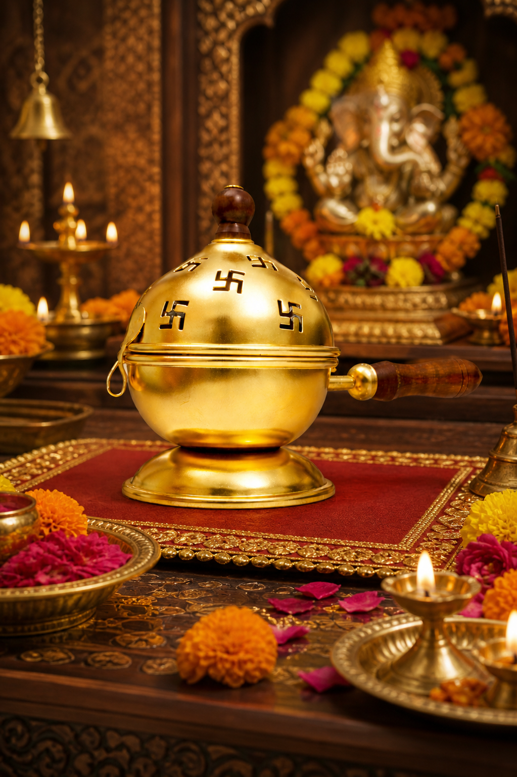 Premium Gold Metal Loban Dhoop Dani with Swastik Design & Wooden Handle | Kapoor Dani for Pooja, Havan, Mandir & Home Fragrance | Traditional Incense Burner