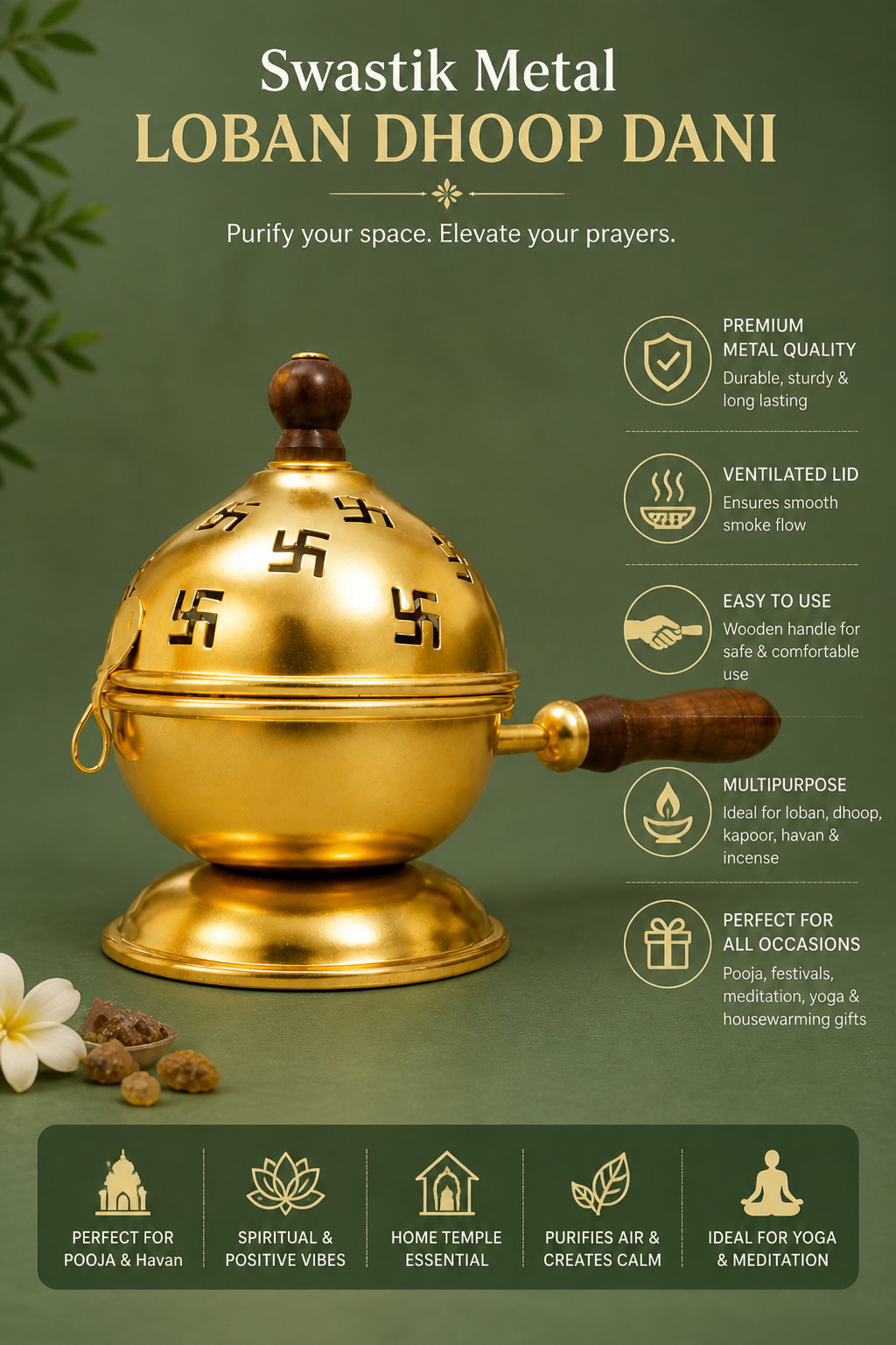Premium Gold Metal Loban Dhoop Dani with Swastik Design & Wooden Handle | Kapoor Dani for Pooja, Havan, Mandir & Home Fragrance | Traditional Incense Burner