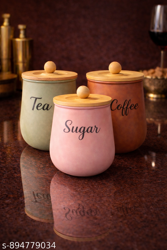 Tea Coffee Sugar Canister Set with Wooden Lid | Kitchen Storage Containers Set of 3 | Airtight Jars for Tea, Coffee & Sugar | Decorative Kitchen Organizer