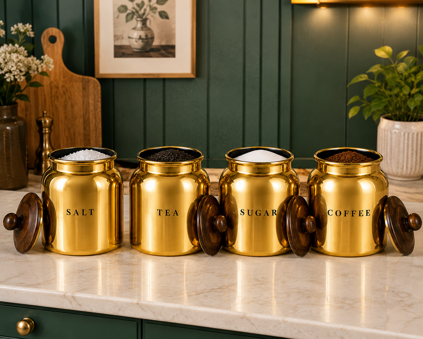 Gold Metal Salt Tea Sugar Coffee Canister Set with Wooden-Style Lids – Premium 4 Piece Kitchen Storage for Pantry, Countertop & Coffee Bar