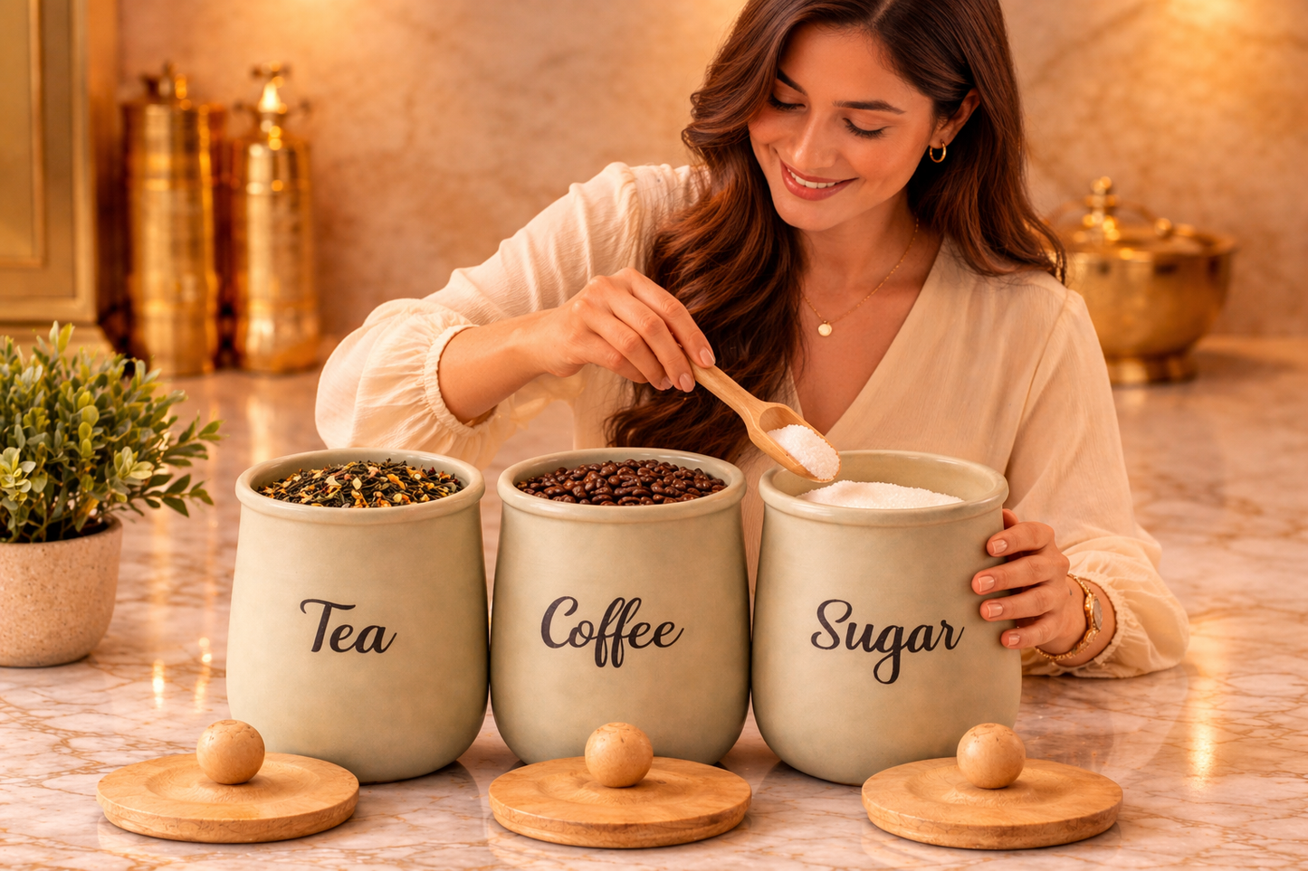 Airtight Tea Coffee Sugar Canisters Set – Fresh Storage Kitchen Containers with Wooden Lids
