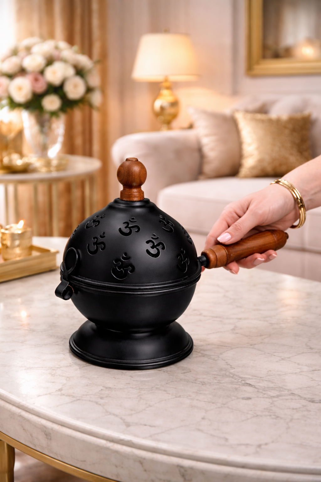 Premium OM Black Metal Loban Dhoop Dani with Wooden Handle | Kapoor Dani for Pooja, Havan, Mandir & Meditation | Charcoal Incense Burner for Home