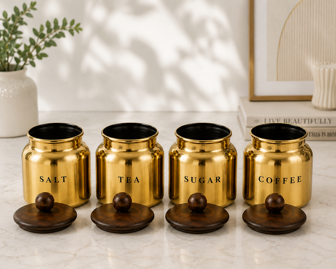 Gold Metal Salt Tea Sugar Coffee Canister Set with Wooden-Style Lids – Premium 4 Piece Kitchen Storage for Pantry, Countertop & Coffee Bar