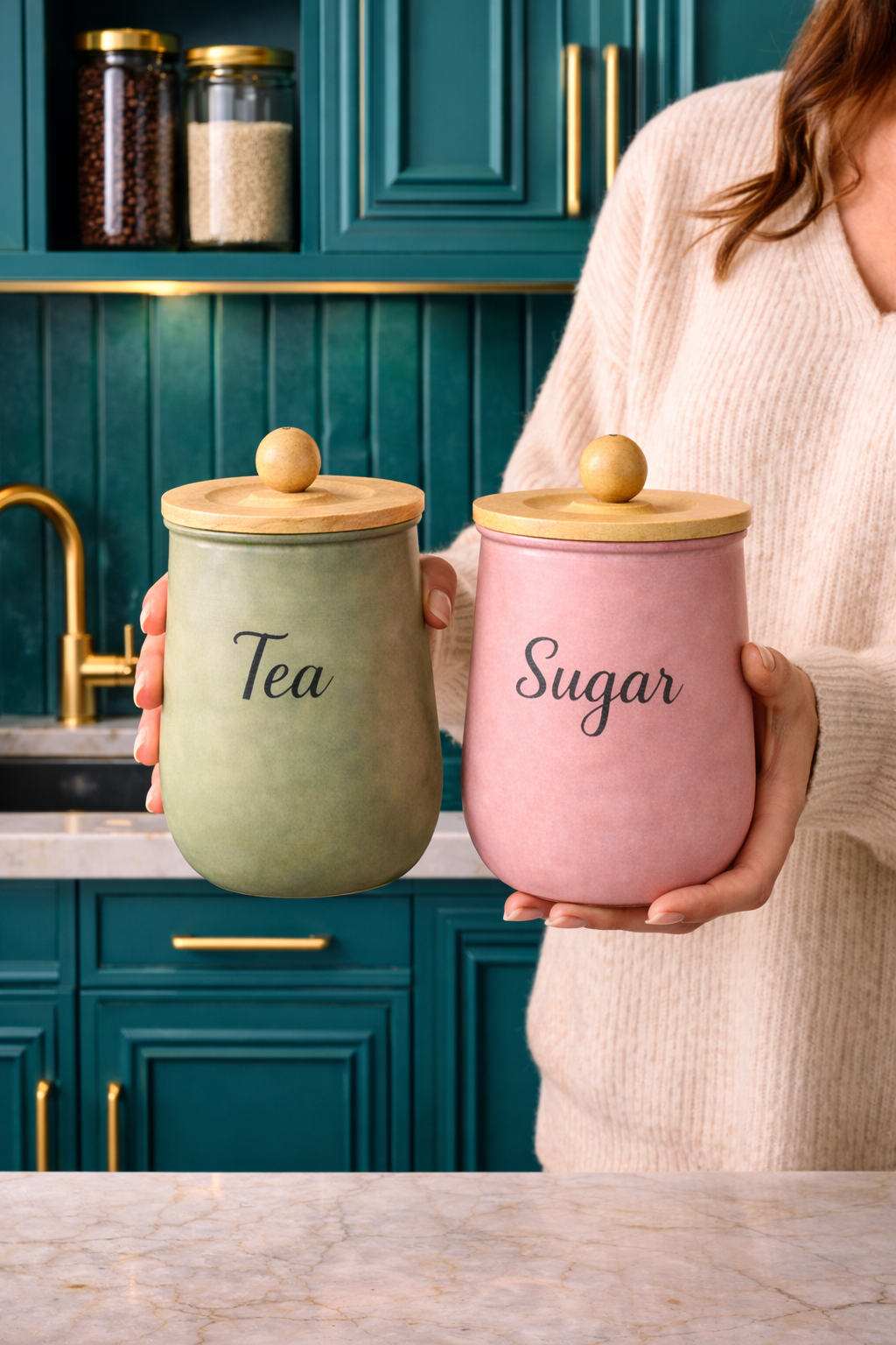 Metal Tea & Sugar Canister Set with Lid | Airtight Kitchen Storage Jars | Modern Matte Finish Storage Containers for Coffee, Sugar, Tea | Decorative Countertop Organizer (Set of 2)