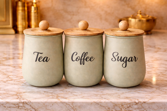 Airtight Tea Coffee Sugar Canisters Set – Fresh Storage Kitchen Containers with Wooden Lids