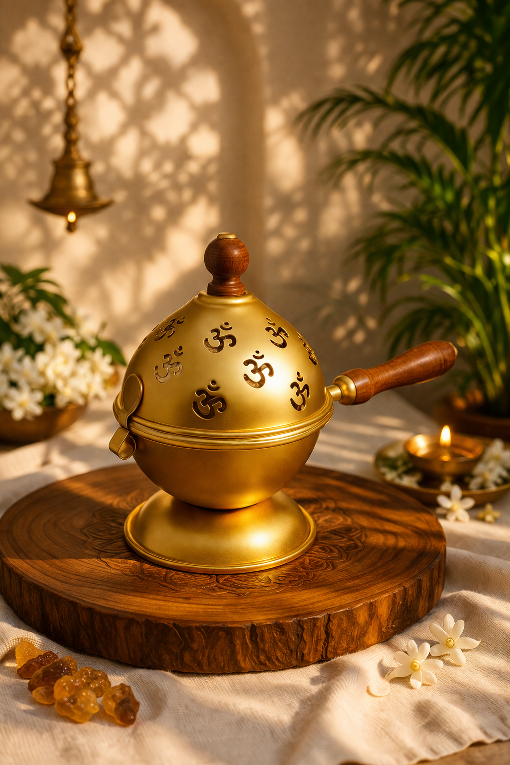 Premium Golden OM Metal Loban Dhoop Dani with Wooden Handle |  Kapoor Dani for Pooja, Havan, Mandir & Meditation | Charcoal Incense Burner