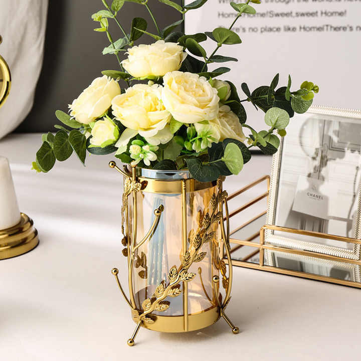 De Casa Decor New Cylindrical Glass Vase with Metal Holder for Pampas Grass & Flowers, Scandinavian Inspired Vase Decoration for Wedding Interior Decoration