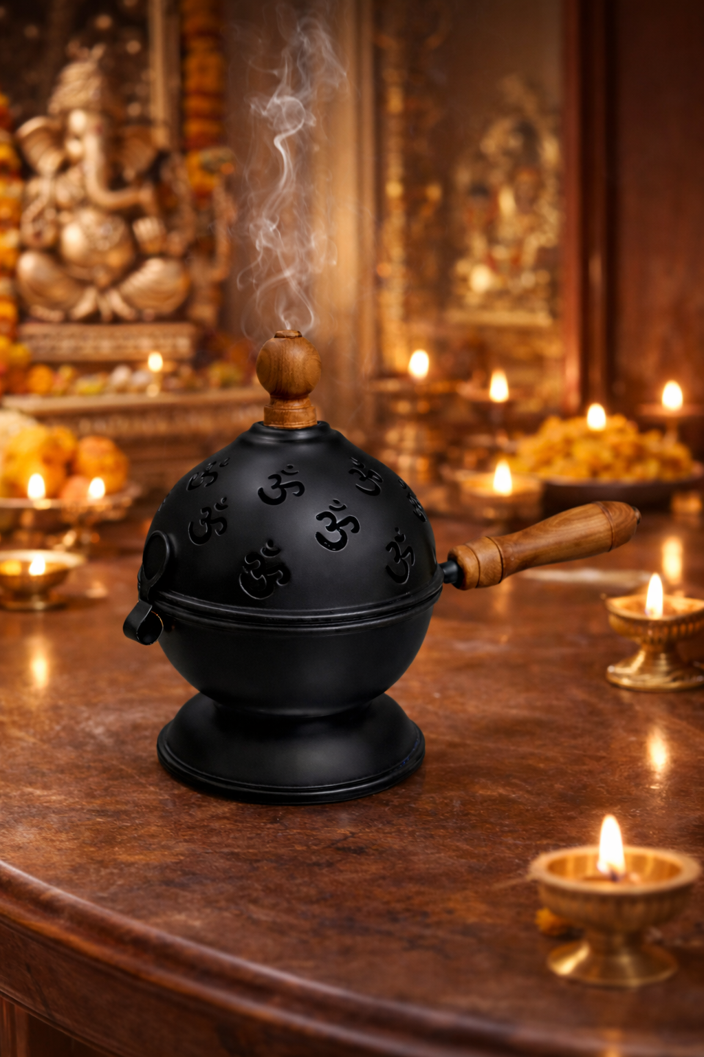 Premium OM Black Metal Loban Dhoop Dani with Wooden Handle | Kapoor Dani for Pooja, Havan, Mandir & Meditation | Charcoal Incense Burner for Home