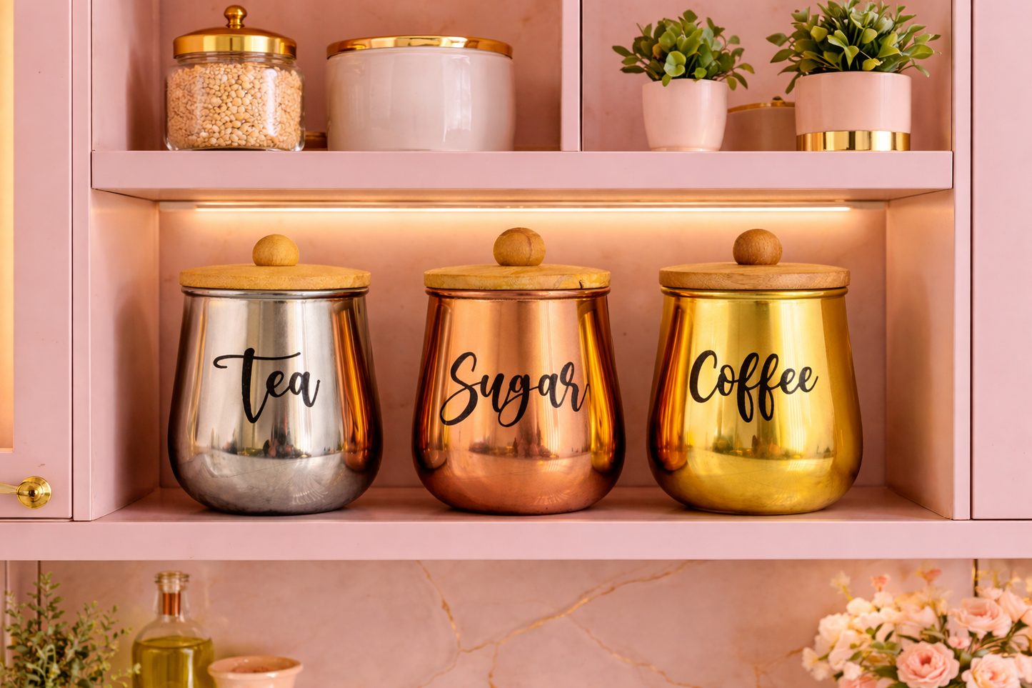 Metal Tea Coffee Sugar Storage Container Set of 3 with Wooden Lid | Airtight Kitchen Canisters | Modern Countertop Organizer