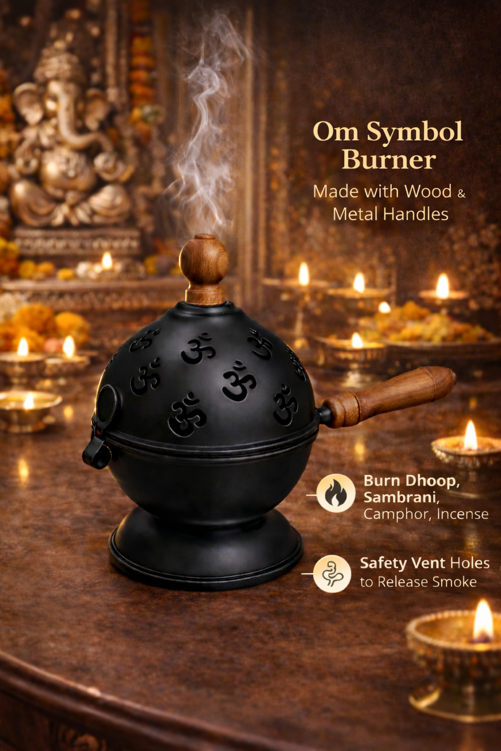 Premium OM Black Metal Loban Dhoop Dani with Wooden Handle | Kapoor Dani for Pooja, Havan, Mandir & Meditation | Charcoal Incense Burner for Home