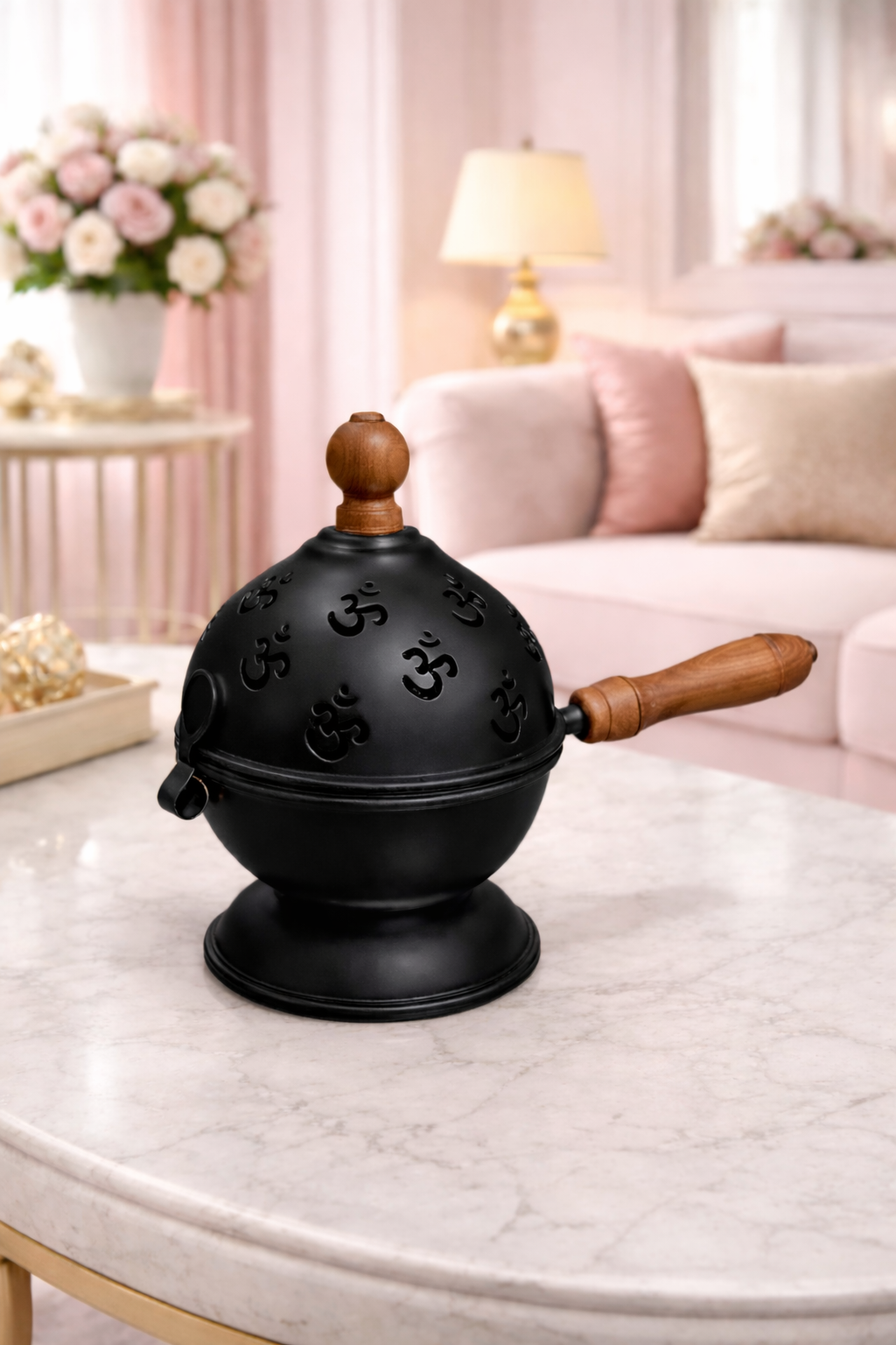 Premium OM Black Metal Loban Dhoop Dani with Wooden Handle | Kapoor Dani for Pooja, Havan, Mandir & Meditation | Charcoal Incense Burner for Home
