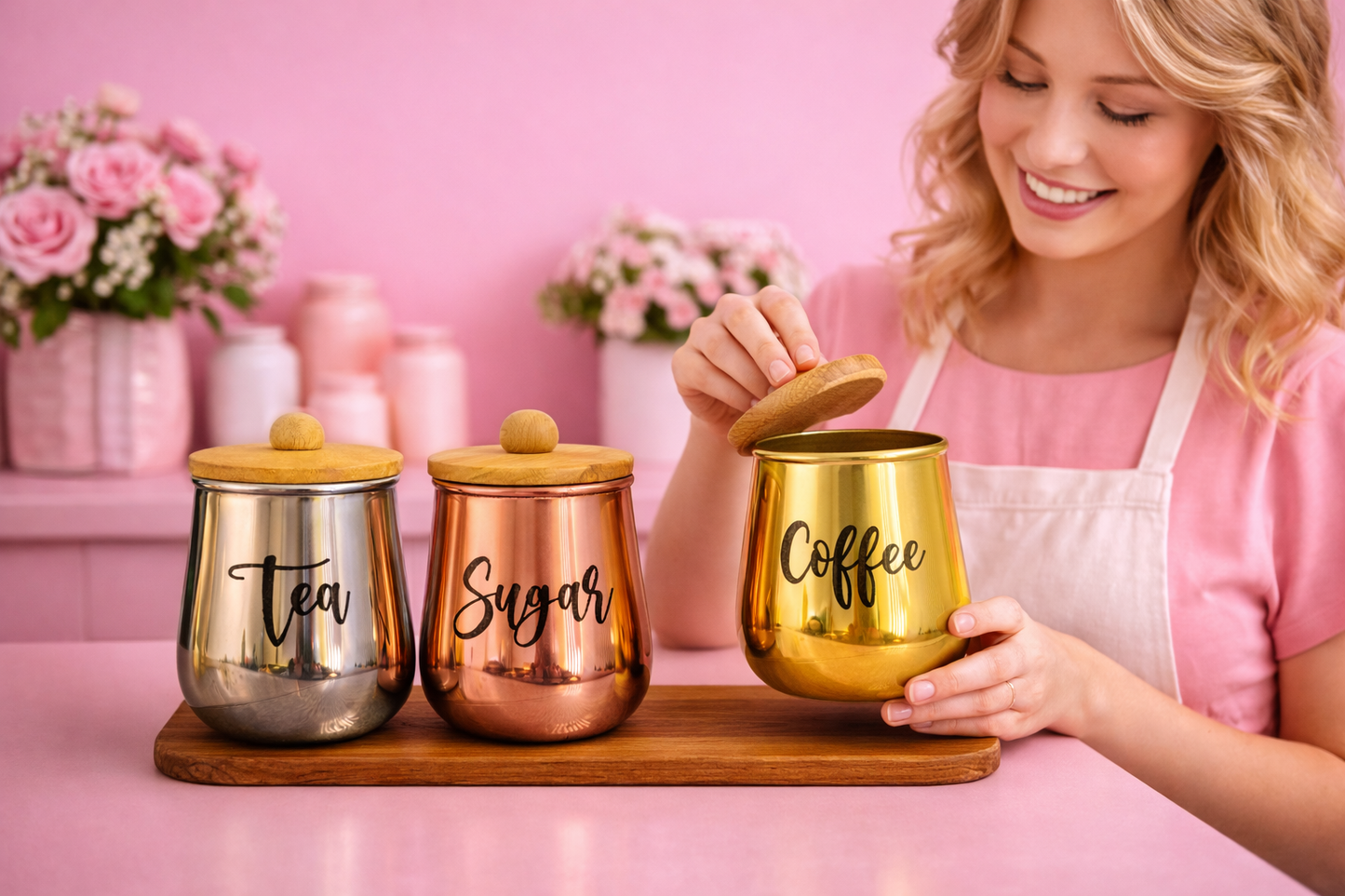Metal Tea Coffee Sugar Storage Container Set of 3 with Wooden Lid | Airtight Kitchen Canisters | Modern Countertop Organizer