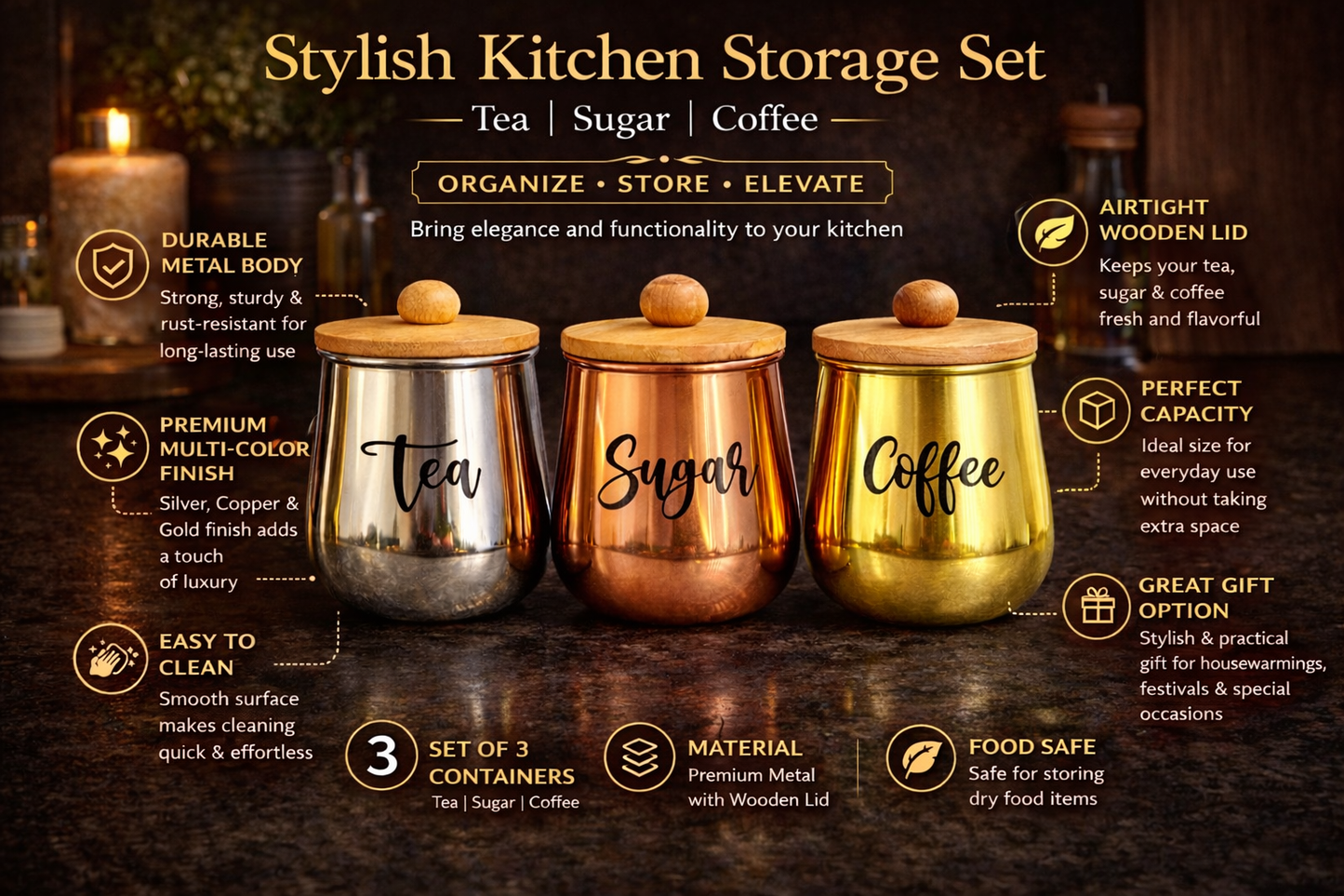 Metal Tea Coffee Sugar Storage Container Set of 3 with Wooden Lid | Airtight Kitchen Canisters | Modern Countertop Organizer