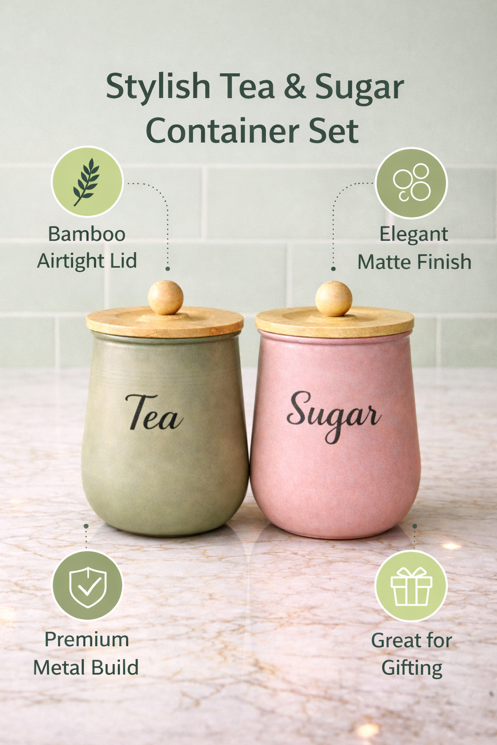 Metal Tea & Sugar Canister Set with Lid | Airtight Kitchen Storage Jars | Modern Matte Finish Storage Containers for Coffee, Sugar, Tea | Decorative Countertop Organizer (Set of 2)