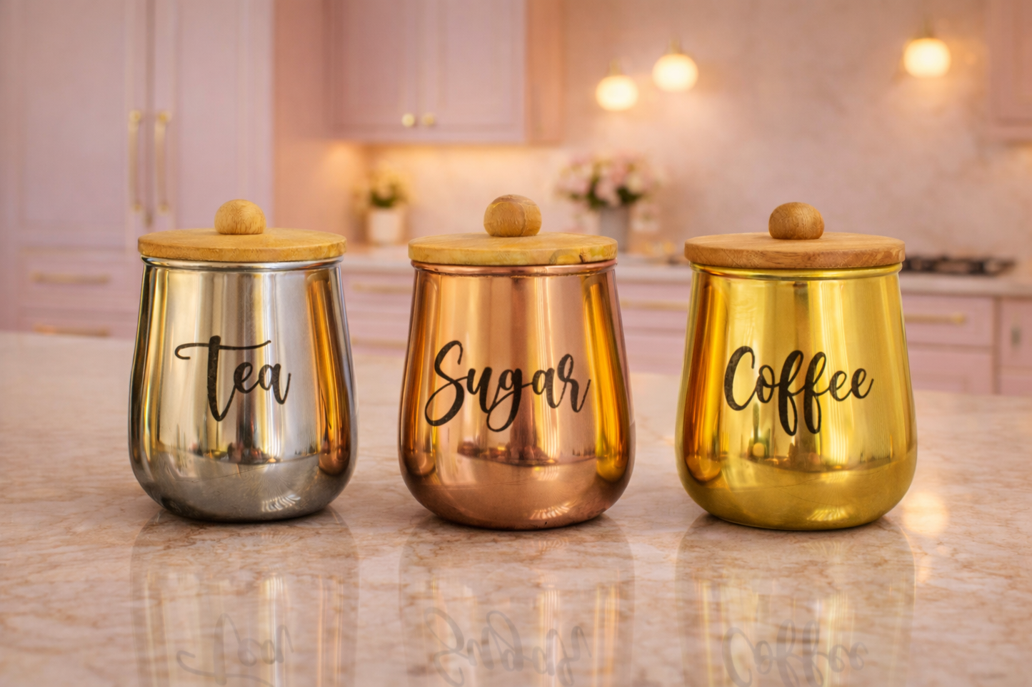 Metal Tea Coffee Sugar Storage Container Set of 3 with Wooden Lid | Airtight Kitchen Canisters | Modern Countertop Organizer
