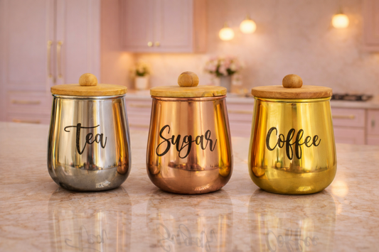 Metal Tea Coffee Sugar Storage Container Set of 3 with Wooden Lid | Airtight Kitchen Canisters | Modern Countertop Organizer