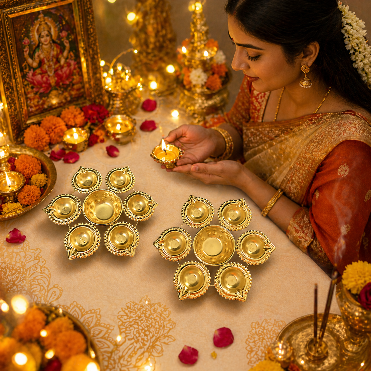 Premium Metal Diya Set for Diwali & Pooja Decoration – Elegant Decorative Metal Diyas with Golden Finish for Mandir, Festive Table Decor, Traditional Oil Lamps & Spiritual Home Decoration