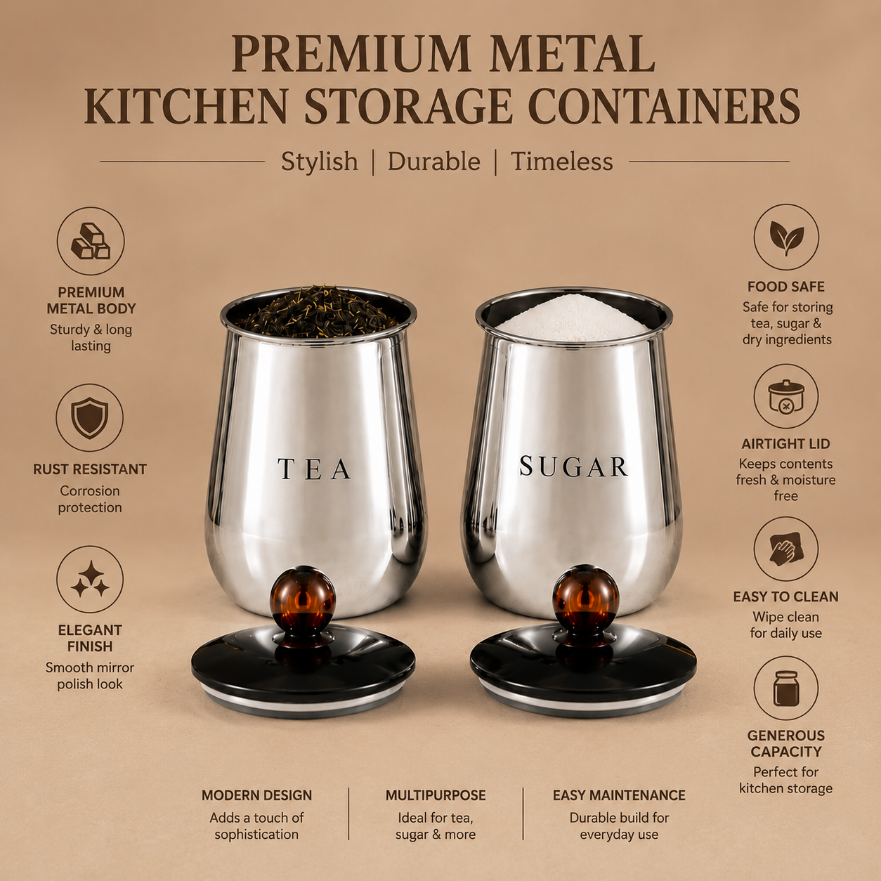 Premium Silver Metal Tea & Sugar Storage Containers with Lids – Set of 2 Kitchen Canisters