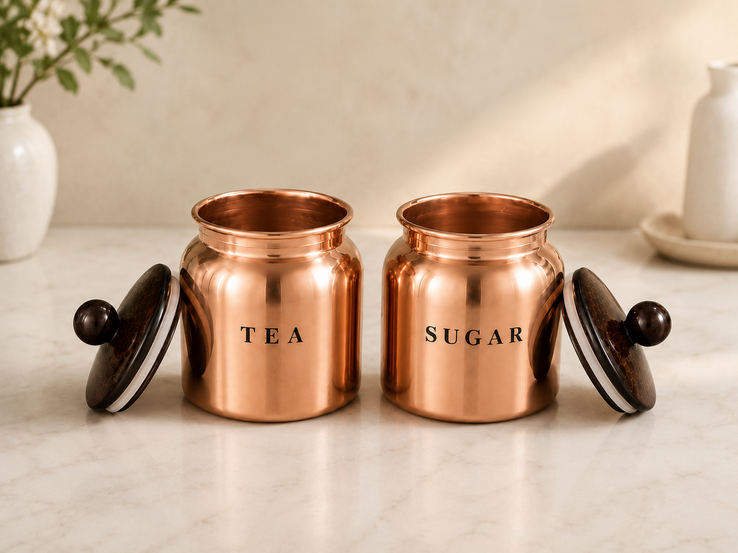 Glossy Copper Metal Tea Sugar Canister Set with Wooden-Style Lids – Premium 2 Piece Kitchen Storage for Countertop, Pantry & Tea Station