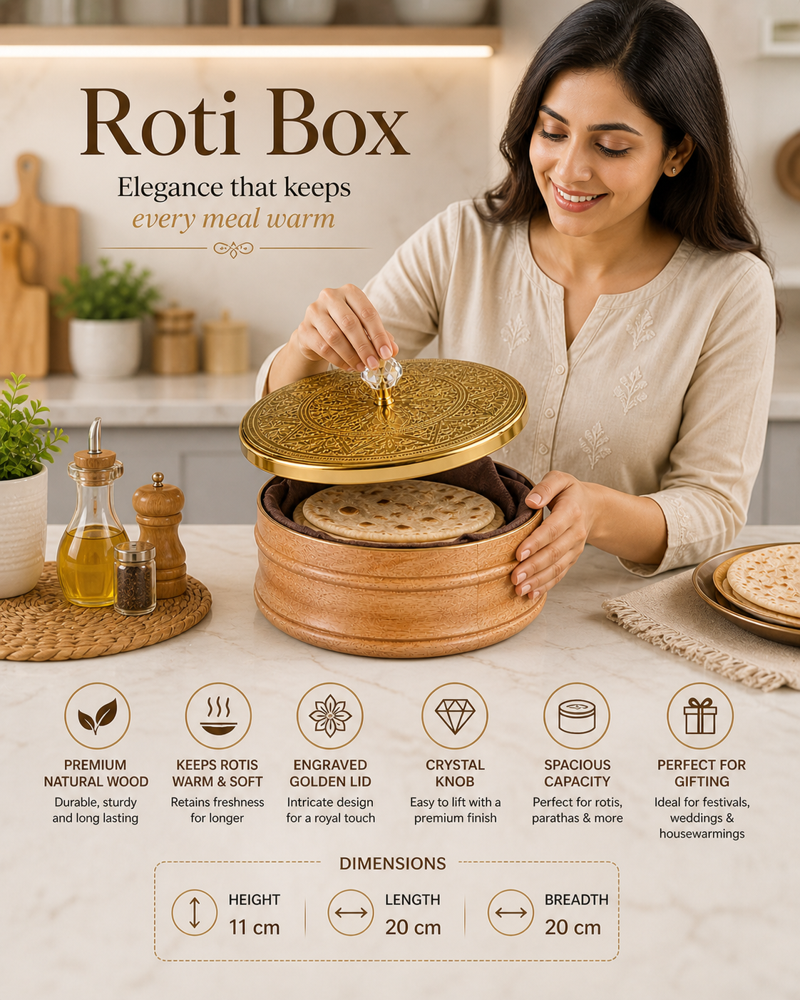 Natural Wood Roti Box with Luxury Designer Lid | Handcrafted Wooden Chapati Storage Container for Kitchen & Dining Table | Premium Bread Keeper and Insulated Flatbread Serving Box for Fresh Rotis