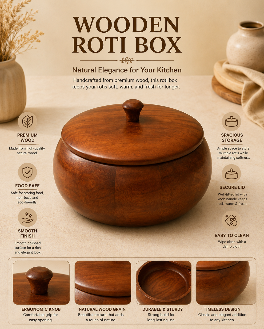 Premium Round Wooden Roti Box with Knob Lid for Chapati, Paratha and Bread Storage