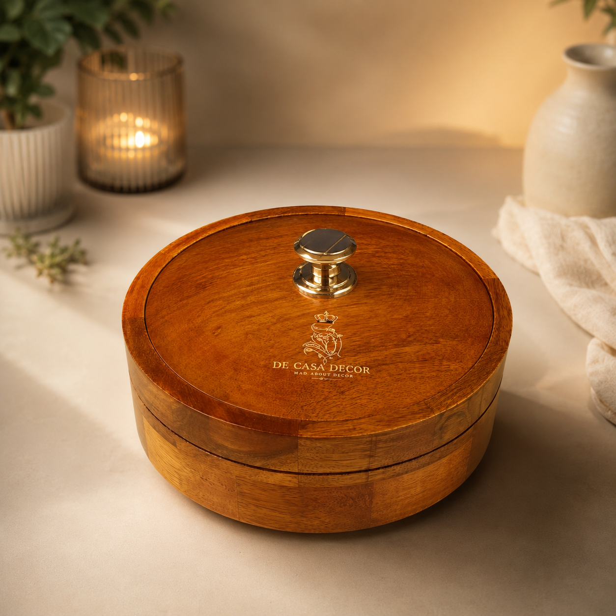 Premium Wooden Roti Box with Lid and Metal Knob for Chapati & Paratha Storage