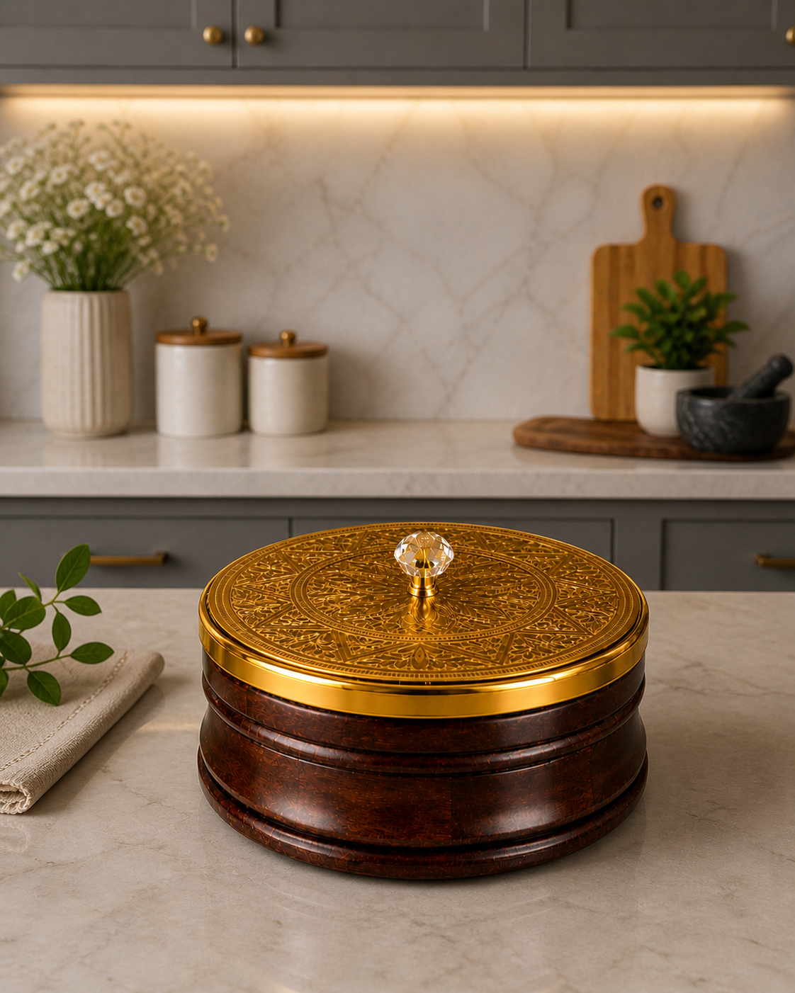 Luxury Designer Roti Box with Decorative Golden Lid | Premium Wooden Chapati Storage Container for Kitchen & Dining Table | Insulated Bread Keeper and Elegant Indian Serveware for Fresh Rotis