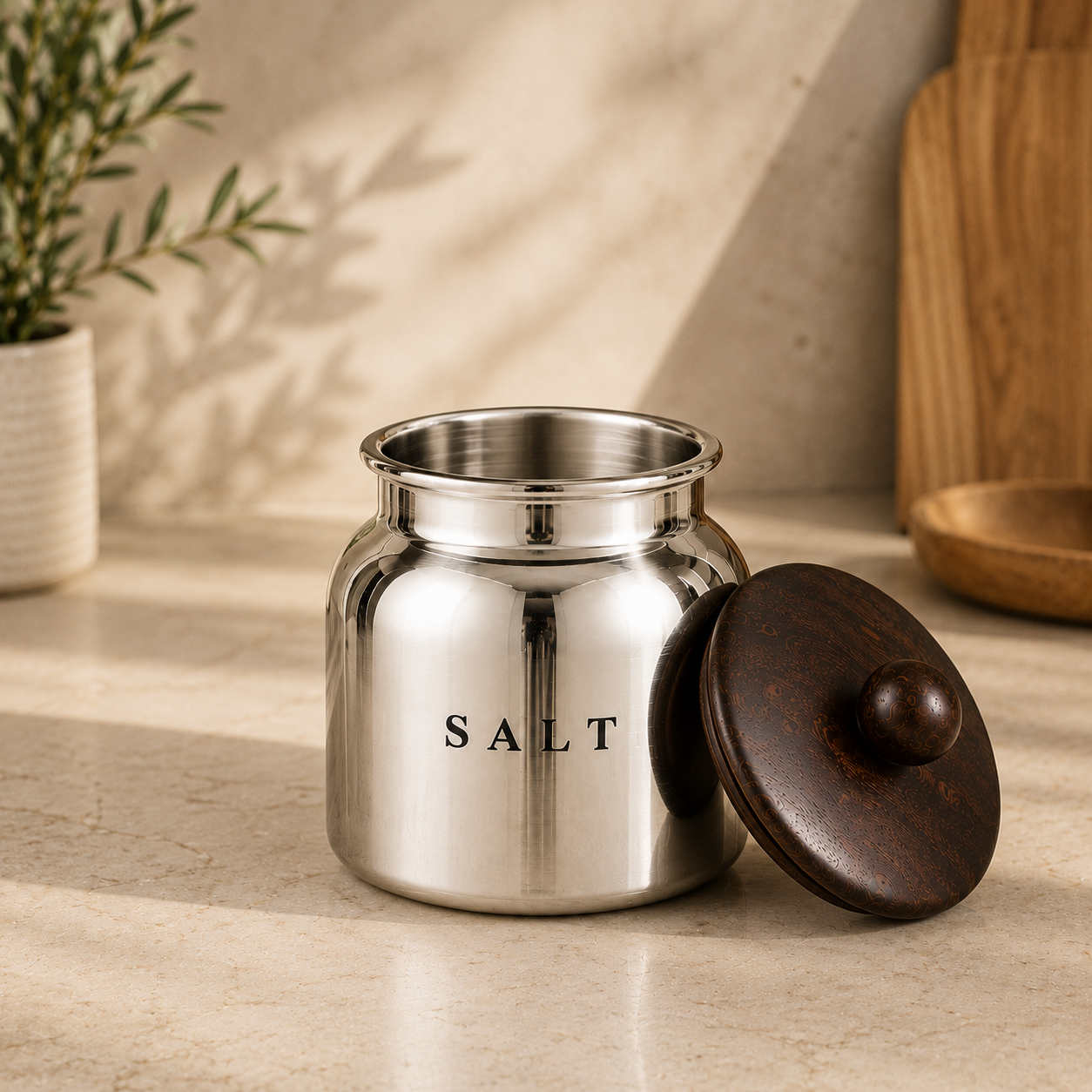 Silver Metal Salt Container with Wooden Look Lid – Premium Kitchen Salt Storage Canister for Countertop, Pantry & Spice Storage