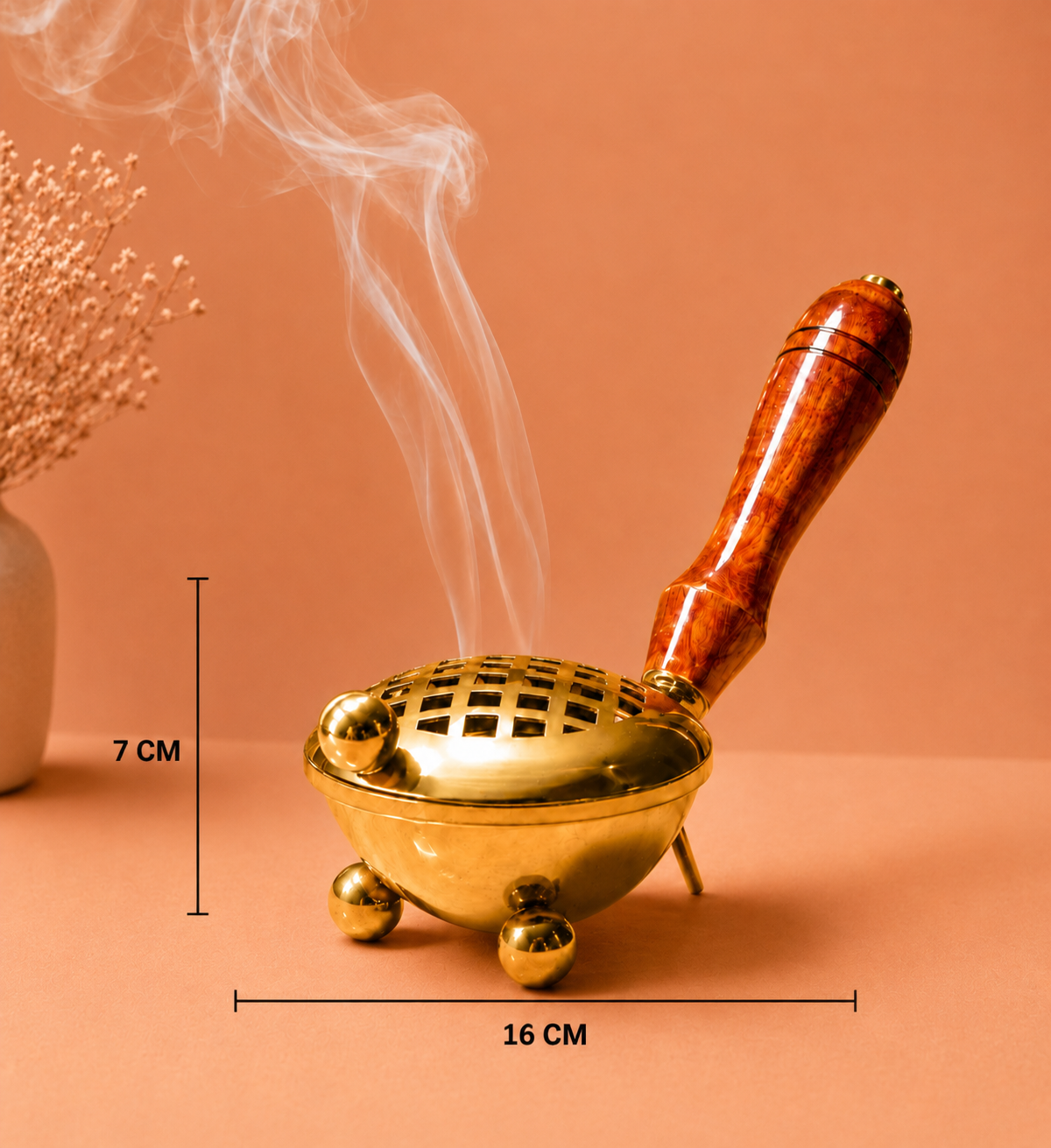 Gold Metal Loban Burner with Wooden Handle for Pooja, Bakhoor & Home Décor