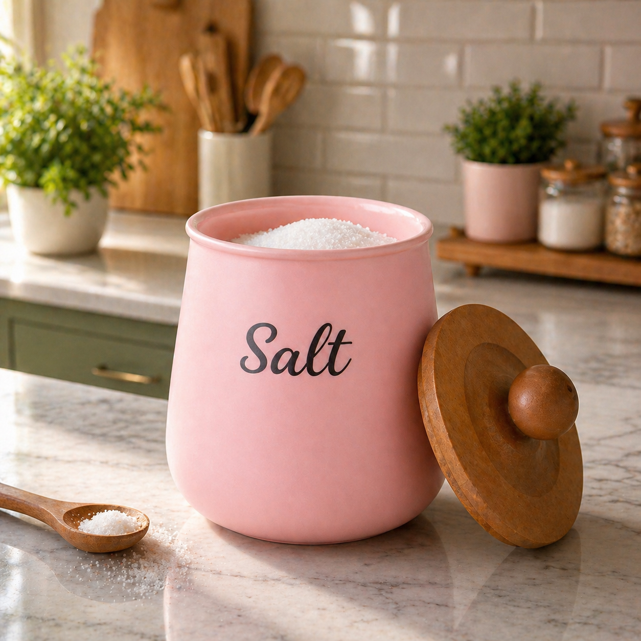 Pink Metal Salt Storage Container with Wooden Lid | Kitchen Countertop Seasoning Holder | Airtight Metal Storage Canister for Salt, Spices & Dry Ingredients | Modern Farmhouse Kitchen Organizer