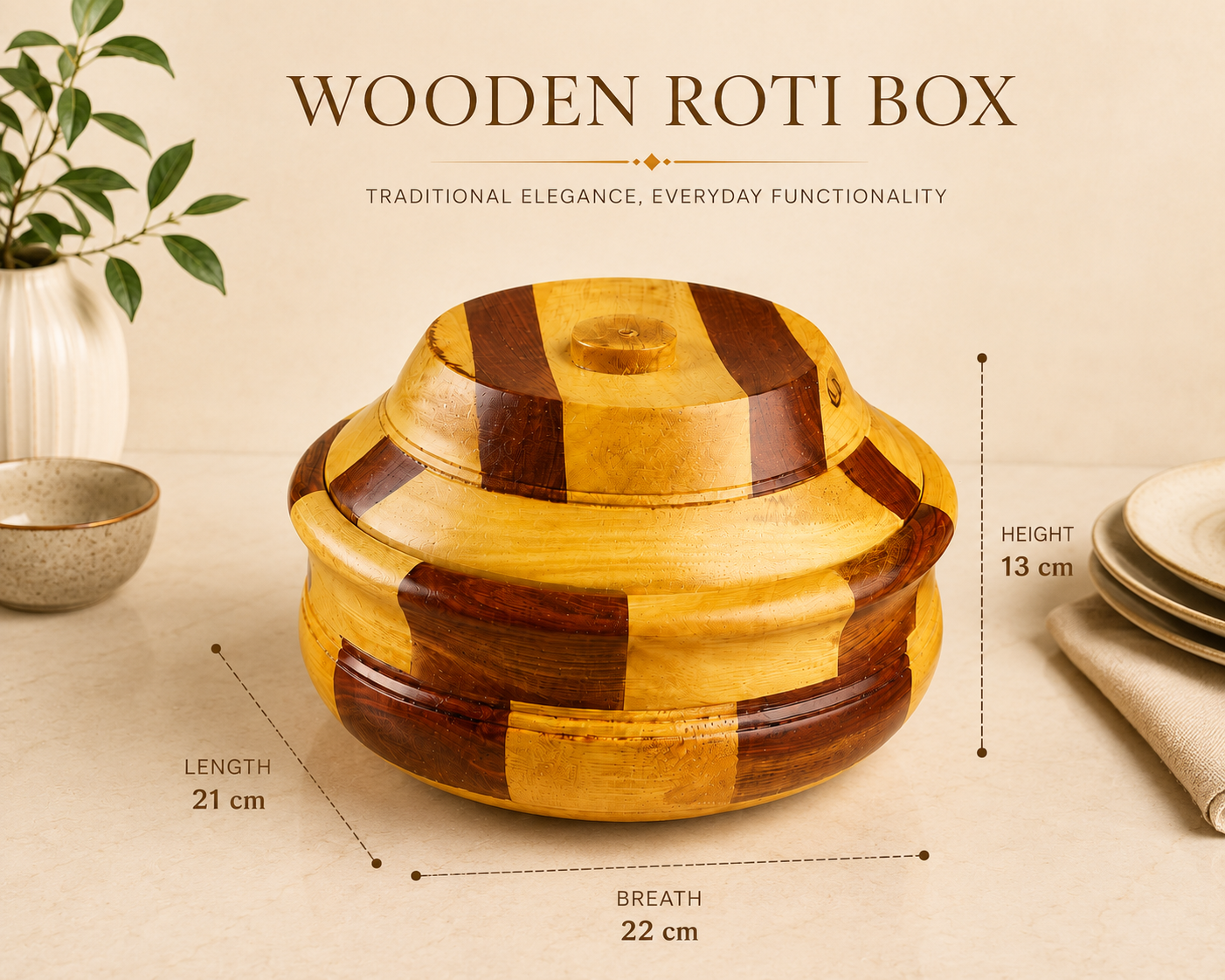 Premium Dual-Tone Wooden Roti Box with Lid for Chapati, Paratha and Bread Storage