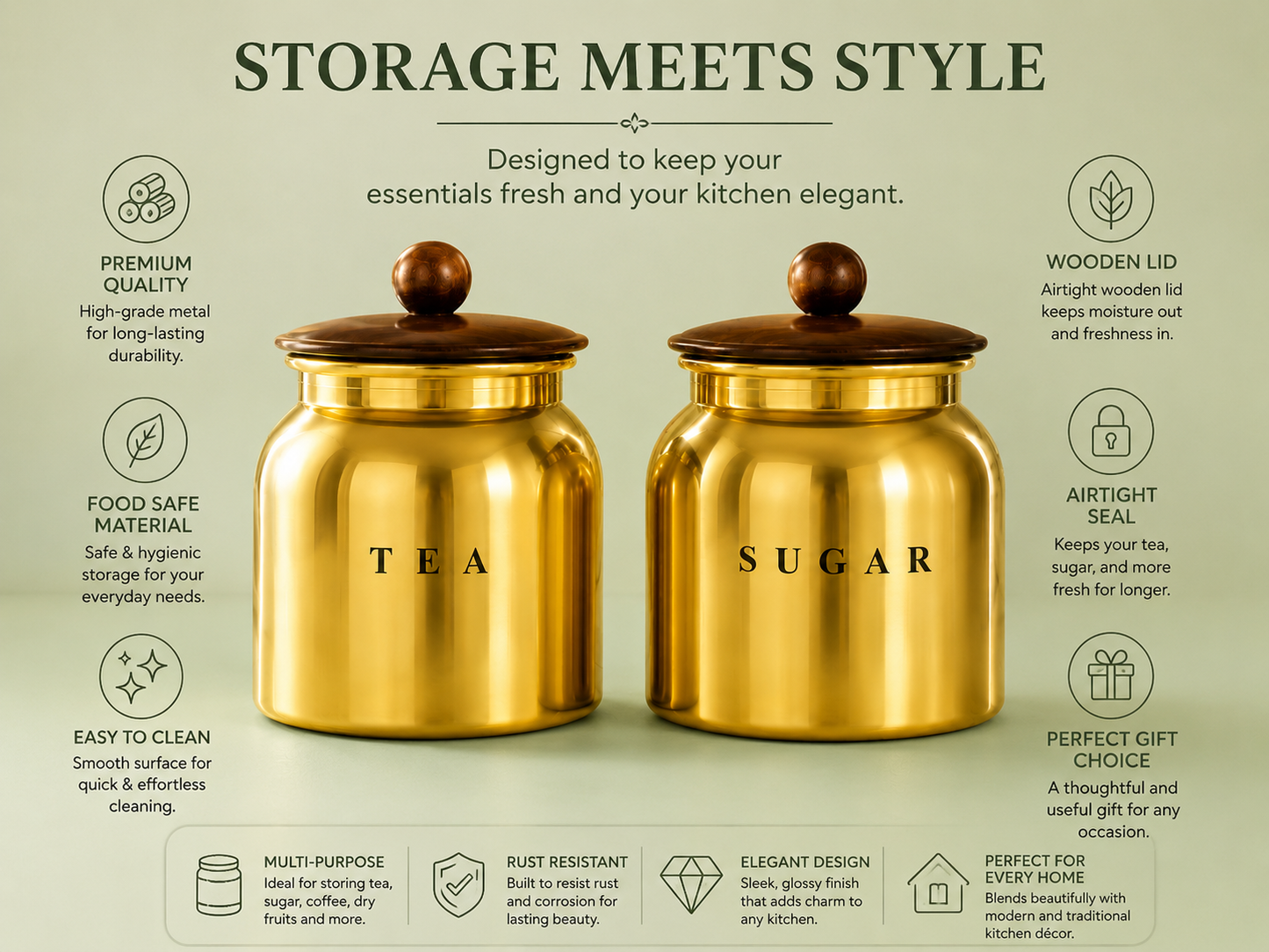 Glossy Gold Metal Tea Sugar Canister Set with Wooden-Style Lids – Premium 2 Piece Kitchen Storage for Countertop, Pantry & Tea Station