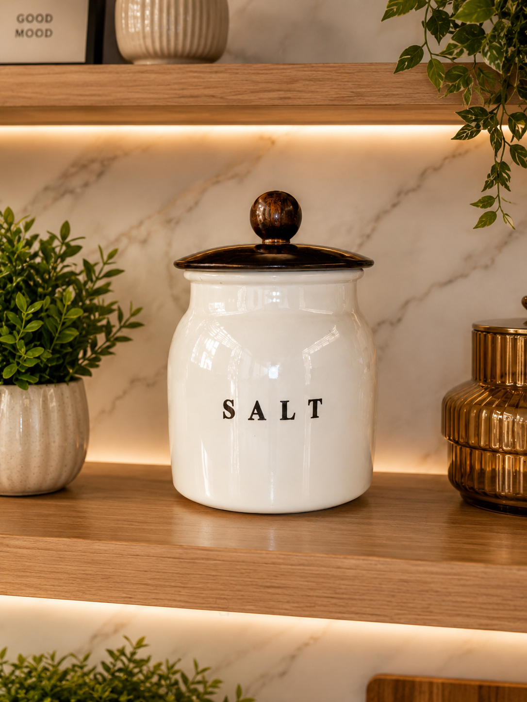 Glossy White Metal Salt Container with Black Lid – Premium Kitchen Salt Storage Canister for Countertop, Pantry & Spice Storage