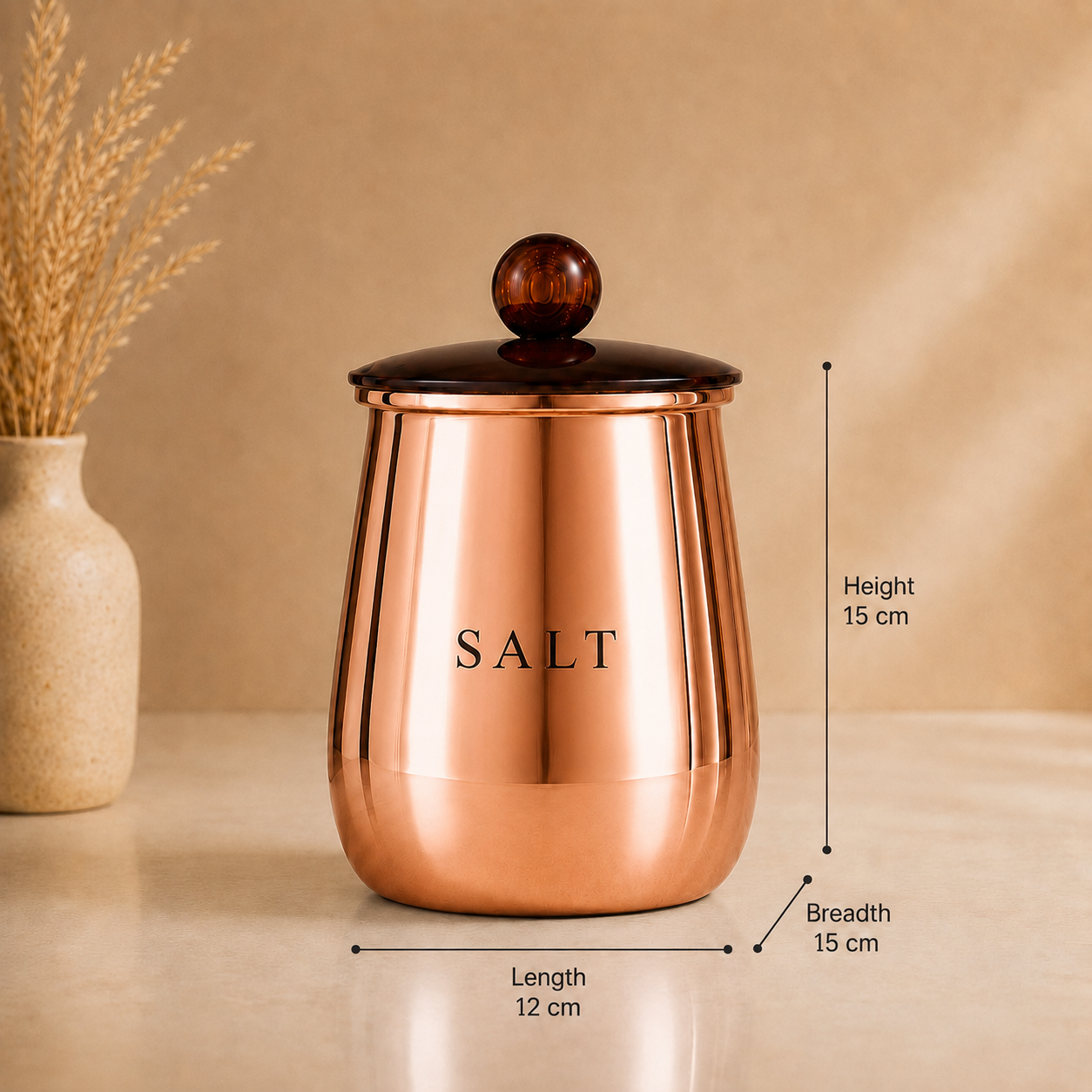 Premium Copper-Finish Metal Salt Storage Container with Decorative Knob Lid for Kitchen