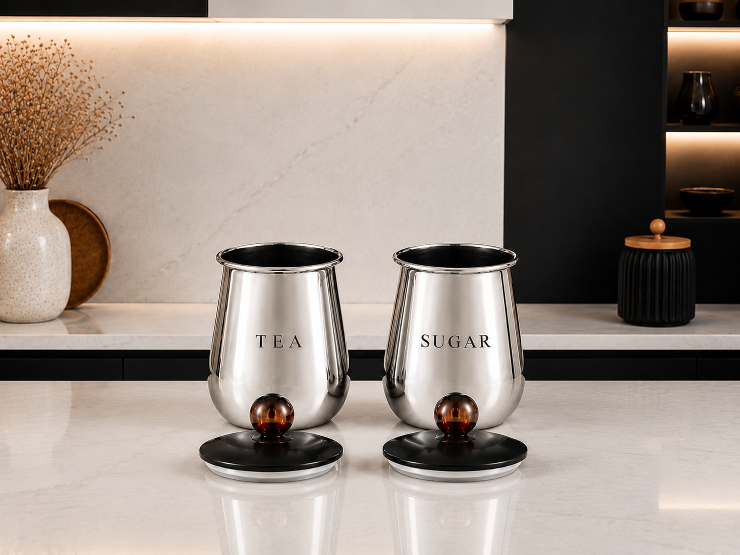Premium Silver Metal Tea & Sugar Storage Containers with Lids – Set of 2 Kitchen Canisters