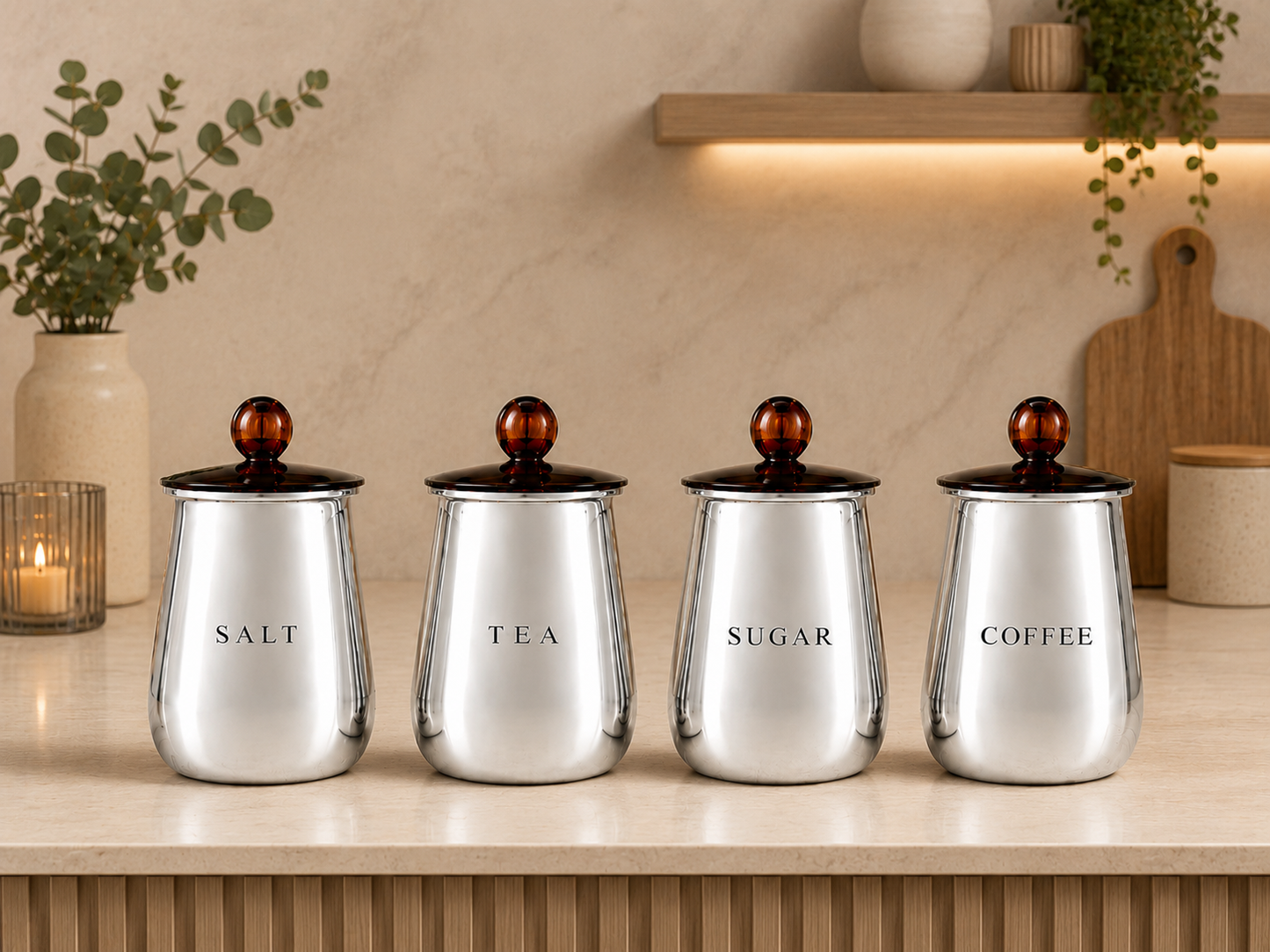 Premium Silver Salt Tea Sugar Coffee Storage Containers with Lids – Set of 4