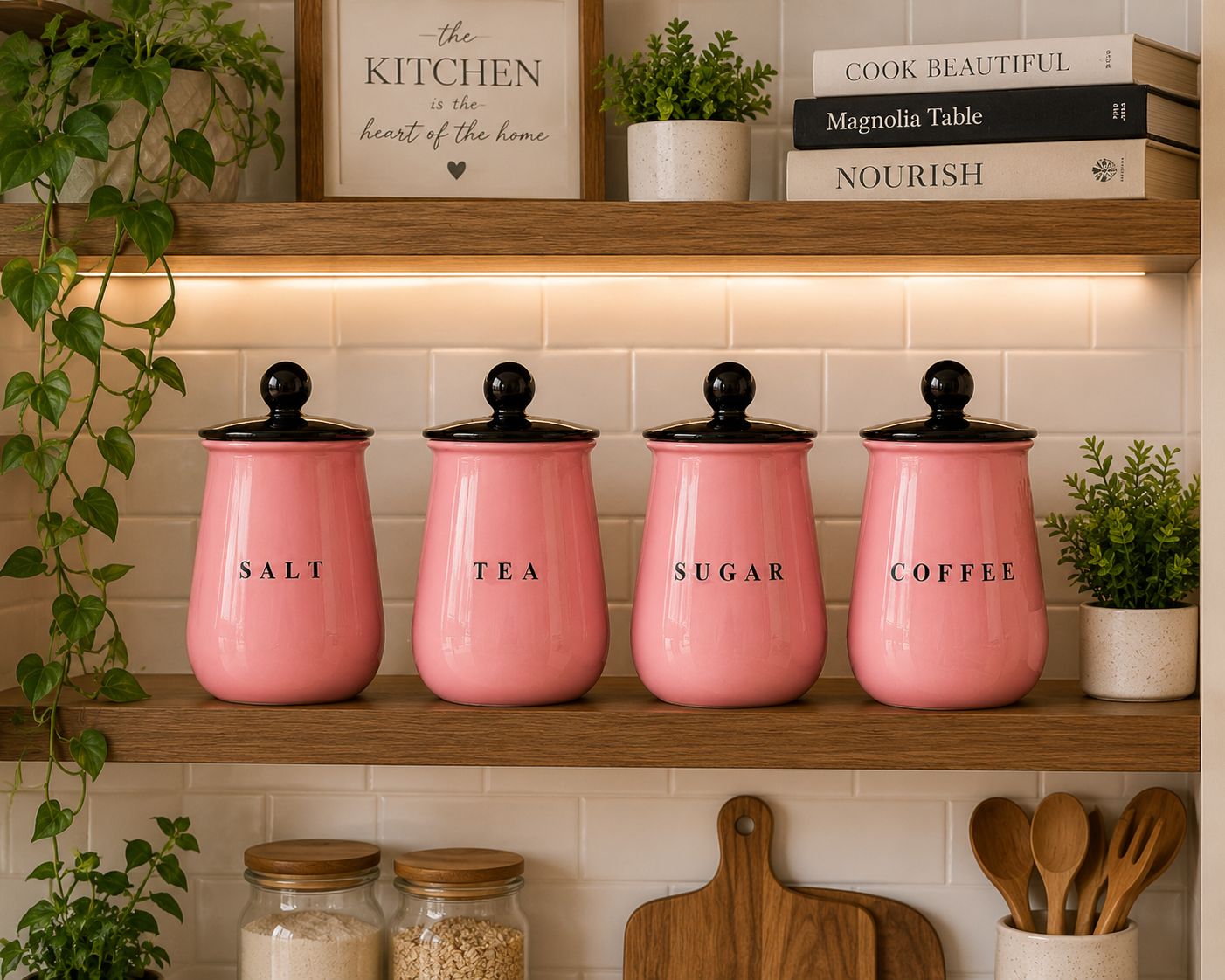 Glossy Pink Metal Salt Tea Sugar Coffee Container Set with Black Lids – 4 Piece Kitchen Storage Canisters for Countertop, Pantry & Tea Coffee Station