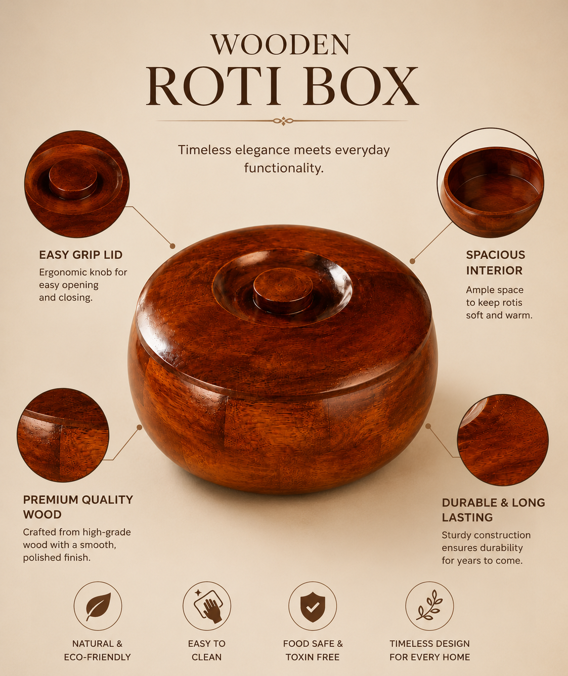 Premium Round Wooden Roti Box with Lid for Chapati, Paratha and Bread Storage