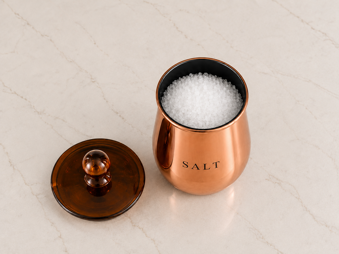 Premium Copper-Finish Metal Salt Storage Container with Decorative Knob Lid for Kitchen