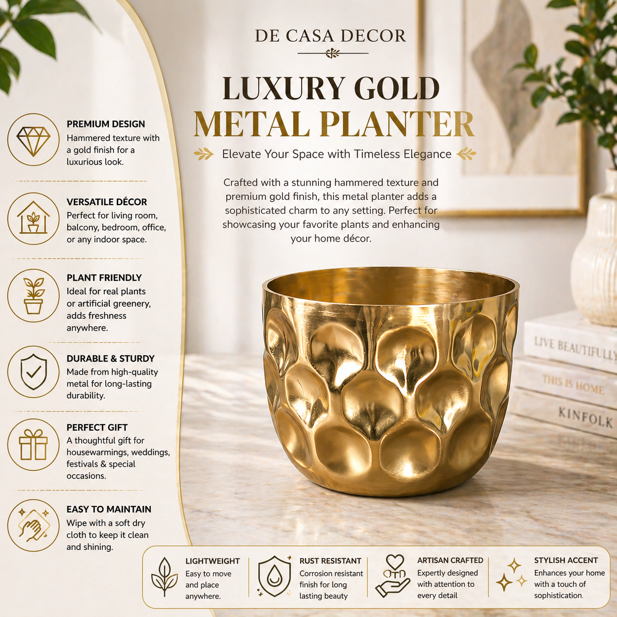 Gold Metal Planter Pot for Indoor Plants