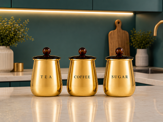 Premium Gold Metal Tea Coffee Sugar Storage Container Set of 3 with Decorative Knob Lids